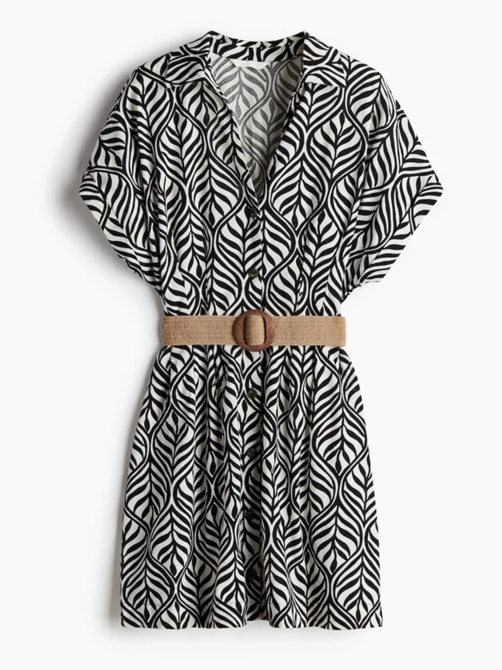 H&M 100% Cotton Black and White Leaf-Print Dress with Tan Woven Belt